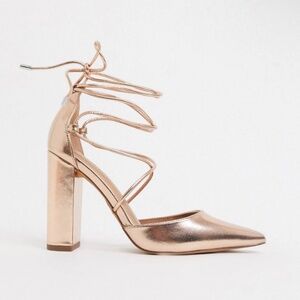 ASOS DESIGN Power Trip Tie Leg High Block Heels in Rose Gold Size 7/7.5/8